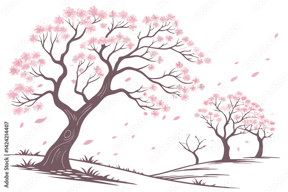 Fototapeta premium 10 Cherry blossom trees, pink sakura flowers, spring bloom, delicate petals, botanical illustration, watercolor style, soft pastel colors, various tree shapes and sizes, white background, vector graph