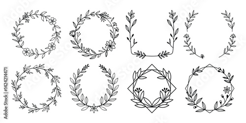 Minimal botanical wedding frame elements on white background. Set of wreath, flowers, leaf branches in hand drawn pattern. 