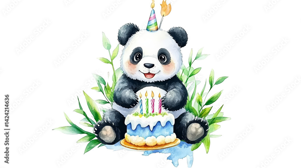 Obraz premium Watercolor Illustration Of Cute Panda Celebrating Birthday With Cake