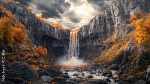 Autumn Waterfall, Canyon, Dramatic Sky, Rocks, Nature