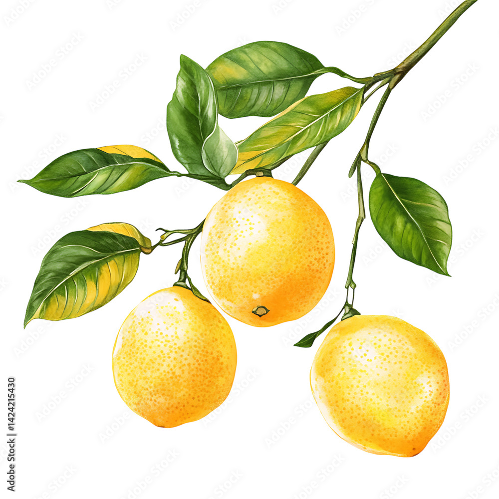 A botanical illustration of ripe lemons hanging from a branch surrounded by leafy greens painted in naturalistic style over a transparent background