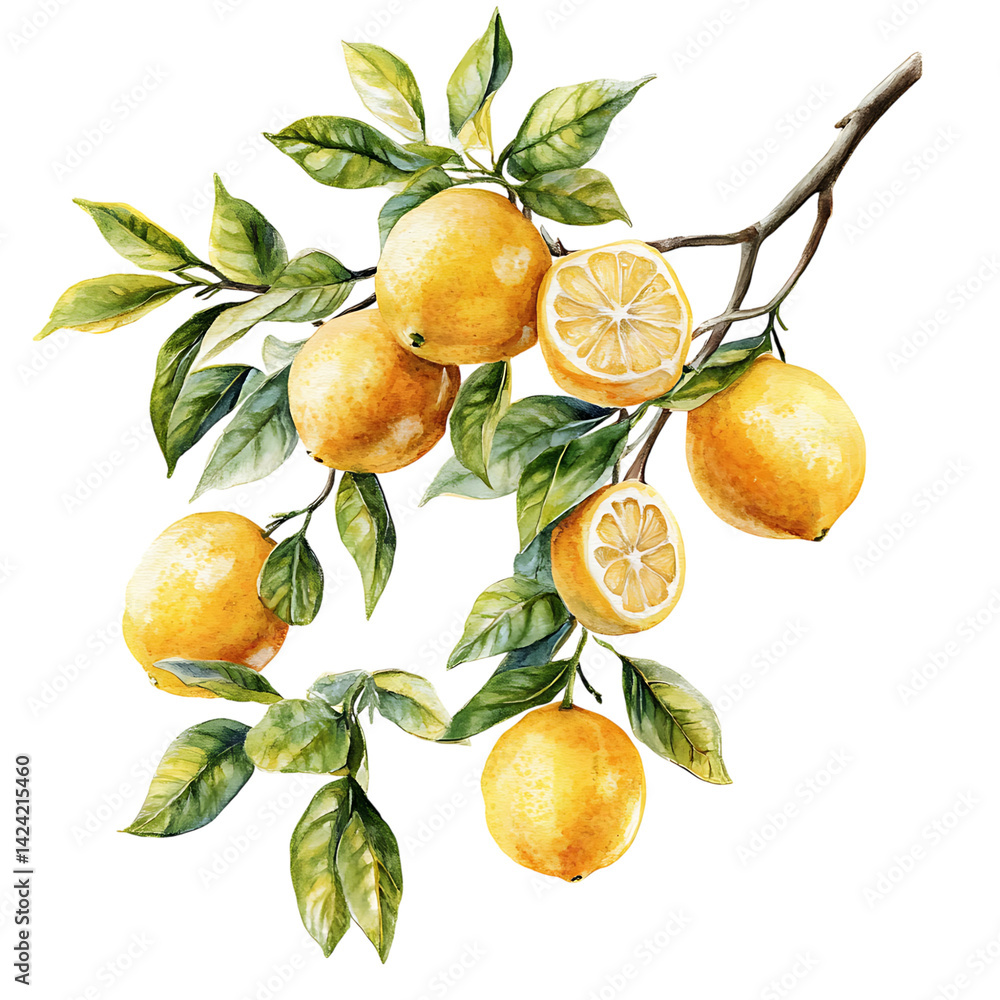 A botanical illustration of ripe lemons hanging from a branch surrounded by leafy greens painted in naturalistic style over a transparent background
