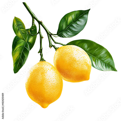 Obraz na płótnie A botanical illustration of ripe lemons hanging from a branch surrounded by leafy greens painted in naturalistic style over a transparent background w salonie