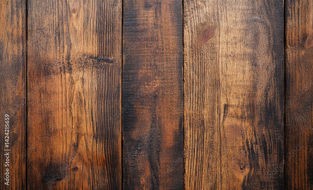 Obraz premium A close up of three dark brown wooden planks with visible wood grain and natural imperfections