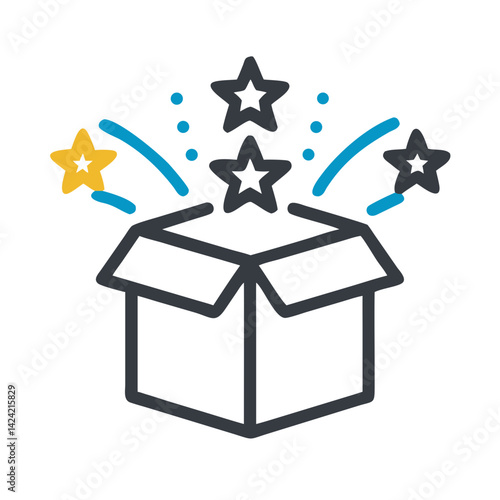 Open Gift Box with Stars Icon Representing Celebration and Surprise