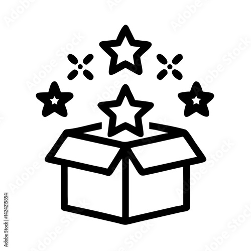 Open Gift Box with Stars Icon Representing Celebration and Surprise