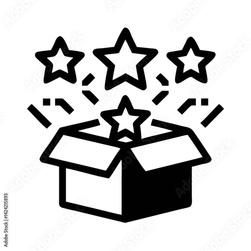 Open Gift Box with Stars Icon Representing Celebration and Surprise