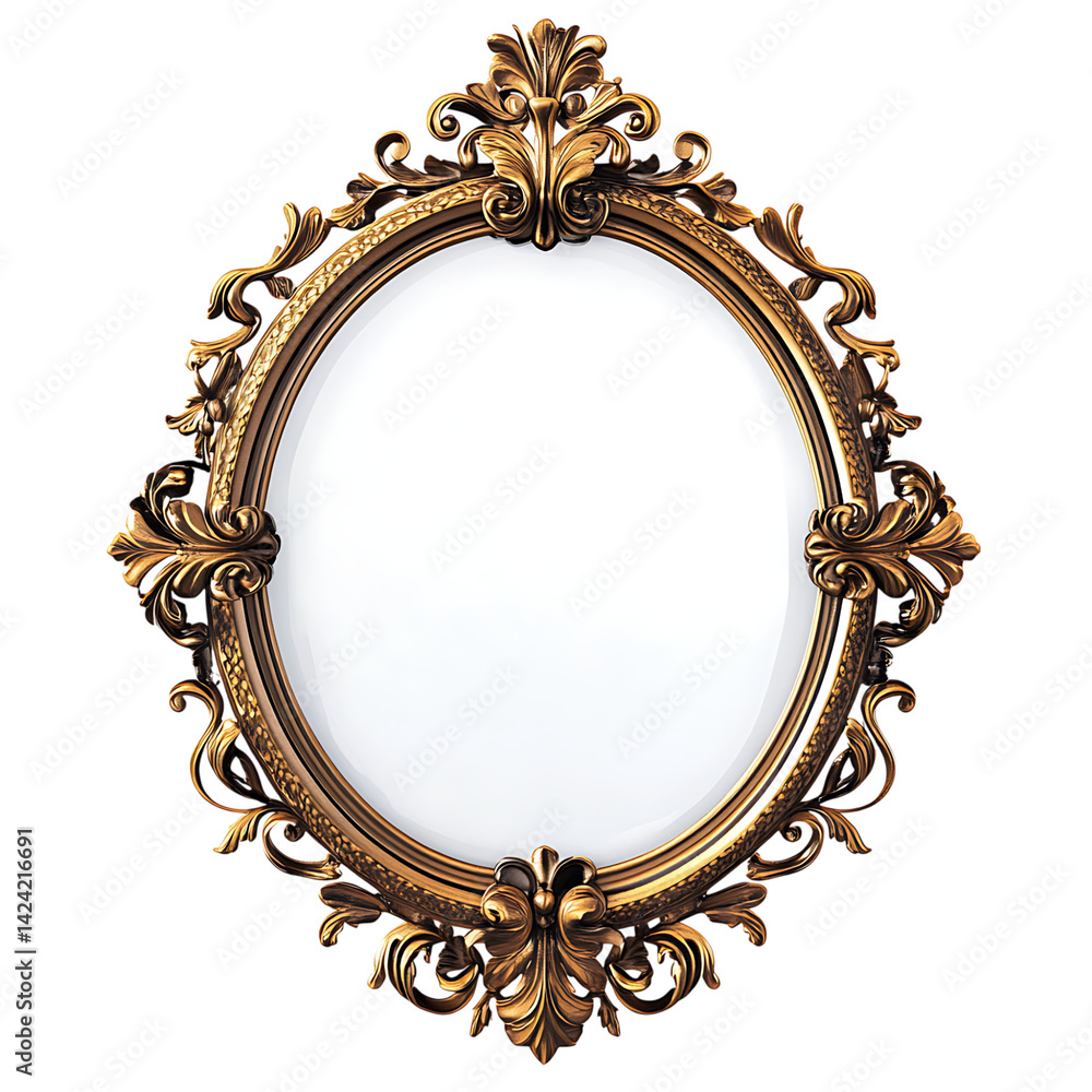 An elegant round mirror with ornate carved floral frame in antique decorative style presented over a transparent background