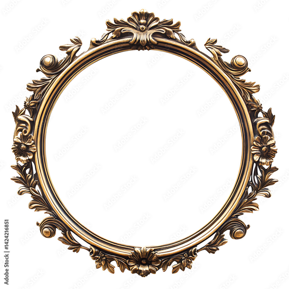 An elegant round mirror with ornate carved floral frame in antique decorative style presented over a transparent background