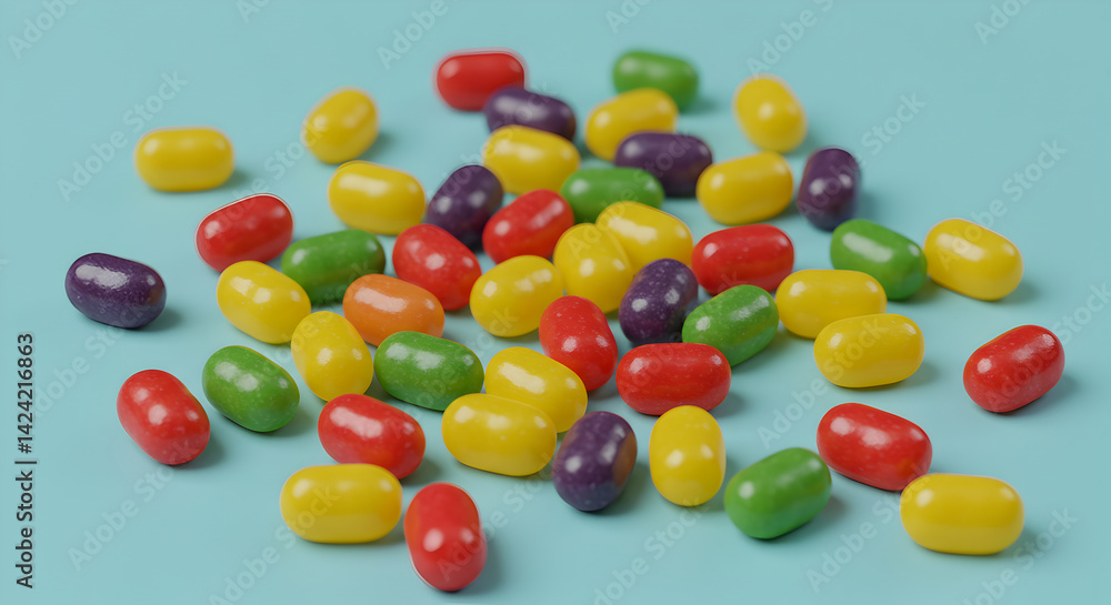 Scattered Jelly Beans On A Blue Surface For Confectionery Concept Scattered Jelly Beans On A Blue Surface For Confectionery Concept
