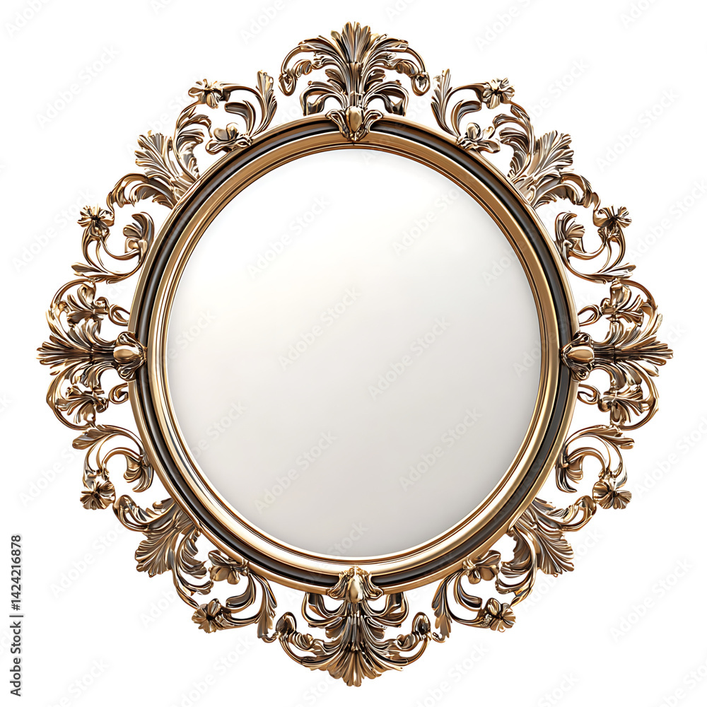 An elegant round mirror with ornate carved floral frame in antique decorative style presented over a transparent background