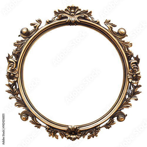 Obraz na płótnie An elegant round mirror with ornate carved floral frame in antique decorative style presented over a transparent background w salonie