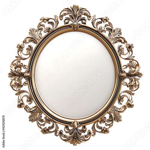 Obraz na płótnie An elegant round mirror with ornate carved floral frame in antique decorative style presented over a transparent background w salonie
