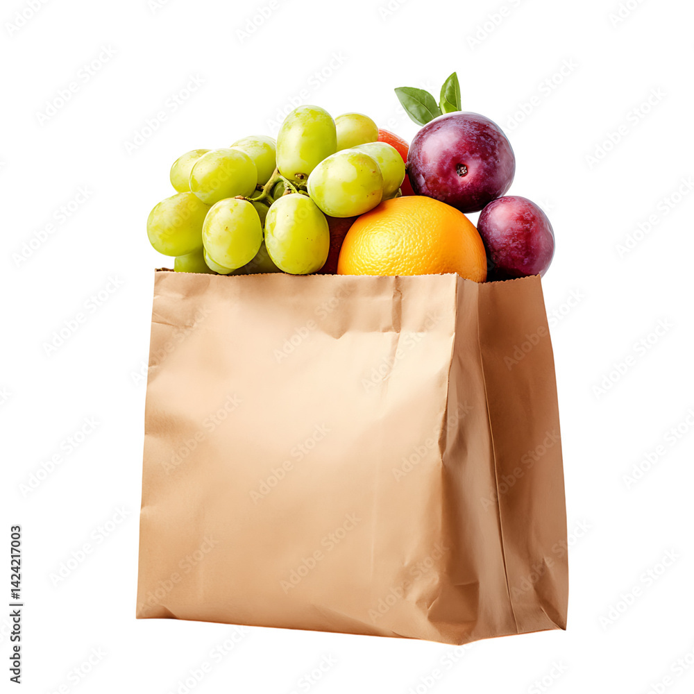 A crumpled paper grocery bag packed with assorted fresh fruits including grapes citrus apples and plums over a transparent background