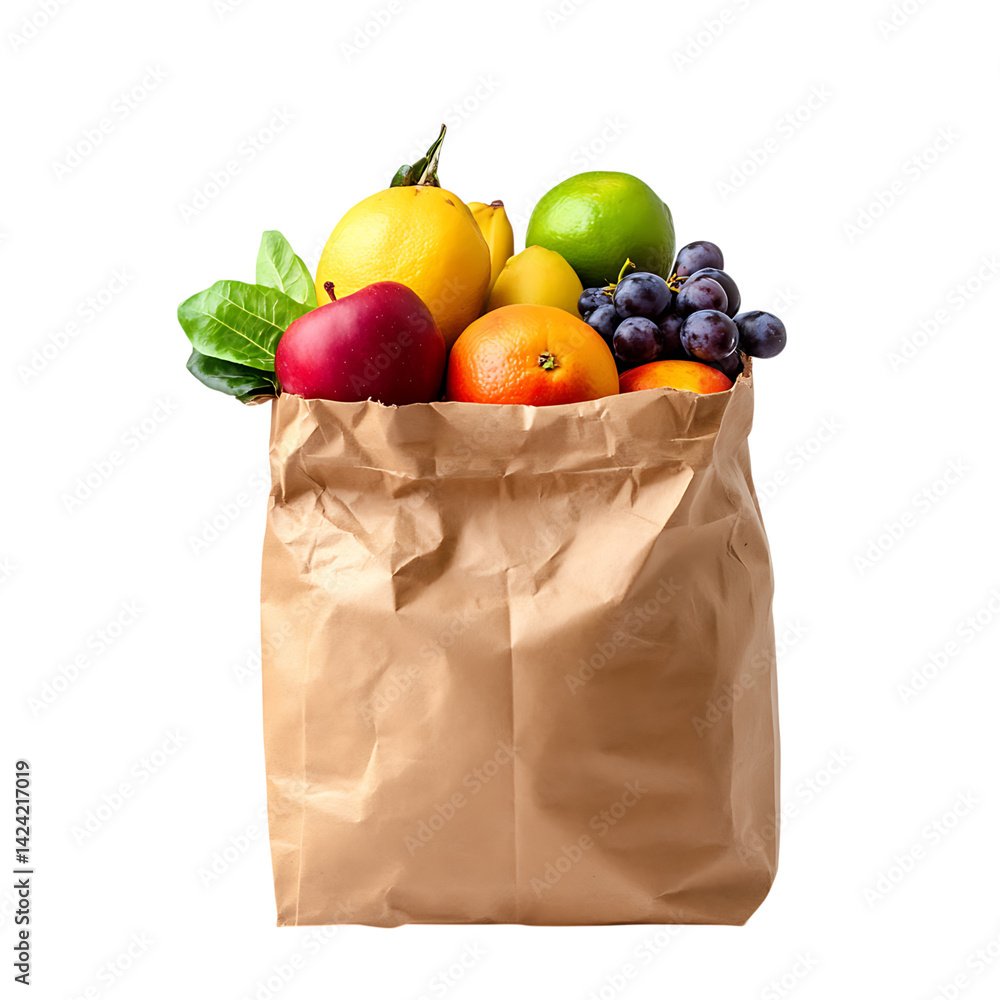 A crumpled paper grocery bag packed with assorted fresh fruits including grapes citrus apples and plums over a transparent background