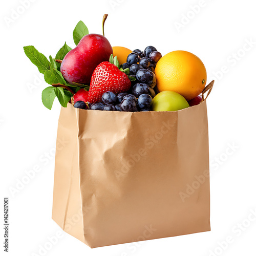 A crumpled paper grocery bag packed with assorted fresh fruits including grapes citrus apples and plums over a transparent background