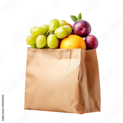 Obraz na płótnie A crumpled paper grocery bag packed with assorted fresh fruits including grapes citrus apples and plums over a transparent background w salonie