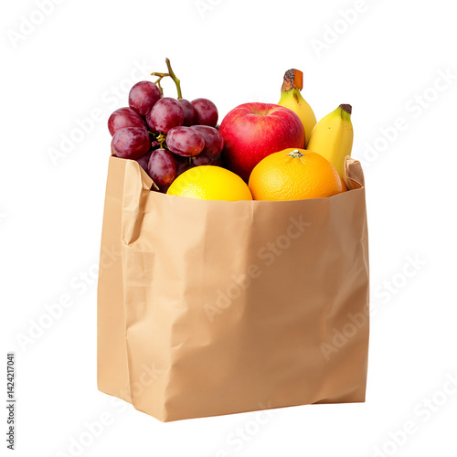 A crumpled paper grocery bag packed with assorted fresh fruits including grapes citrus apples and plums over a transparent background