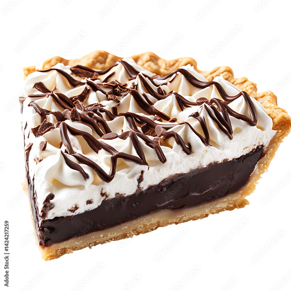 A realistic slice of layered cream pie topped with whipped cream chocolate curls and pastry crust viewed in high detail over a transparent background