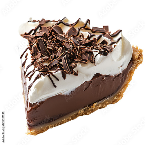 A realistic slice of layered cream pie topped with whipped cream chocolate curls and pastry crust viewed in high detail over a transparent background