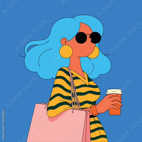 Vector illustration of a girl with shopping bags and a cup of coffee