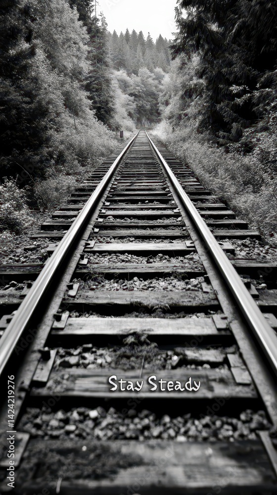 Fototapeta premium A black and white perspective of train tracks extending into a forest, encouraging steadfastness.