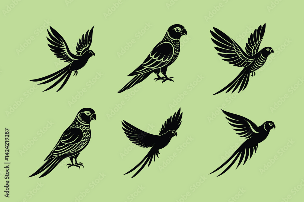 Fototapeta premium Indian Ringneck Parakeet bird, silhouette vector illustration