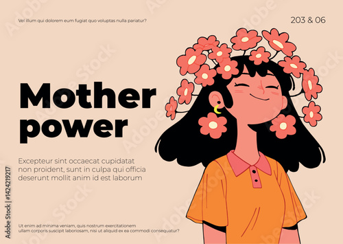 Vector illustration of woman with flowers. Mother's day. Poster, flyer, greeting card.