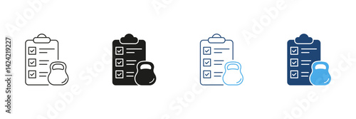 Weight Loss Training Fitness Plan Line and Silhouette Icon Set. Checklist and Kettlebell Outline and Solid Icon, Gym and Exercise Routines Concept. Editable Stroke. Isolated Vector Illustration
