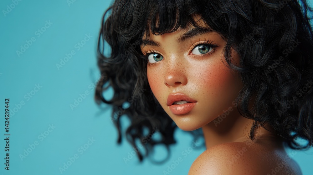 A model girl with glowing skin and thick black and curly hair looks over her shoulder at the camera against a blue background A model girl with glowing skin and thick black and curly hair looks over her shoulder at the camera against a blue background