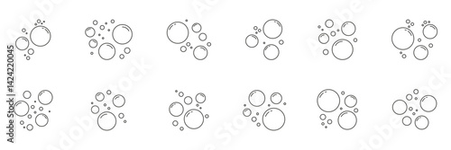 Soap Bubbles Line Icon Set. Collection Of Floating Air Bubbles With Different Sizes And Highlights Outline Symbol Collection. Editable Stroke. Isolated Vector Illustration