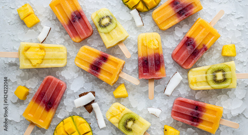 Refreshing Homemade Tropical Fruit Popsicles Displayed On Ice Cubes