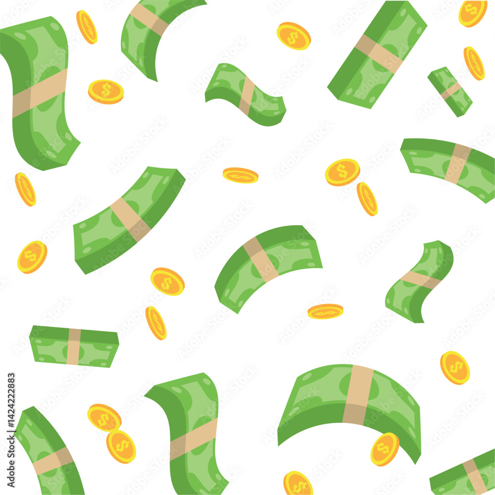 Money Background Wrapped Dollar Bills Golden Coins Scatter Currency Wealth Vector