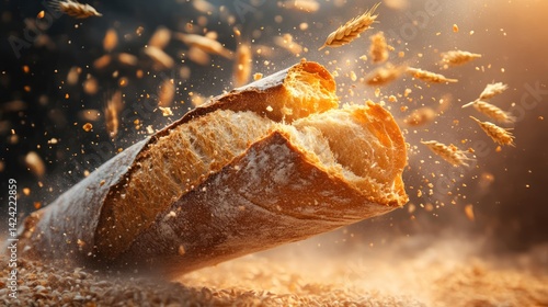 Freshly baked baguette explodes in a floury display.
