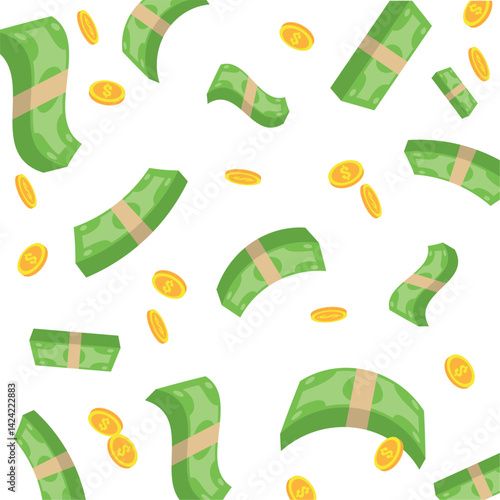 Money Background Wrapped Dollar Bills Golden Coins Scatter Currency Wealth Vector