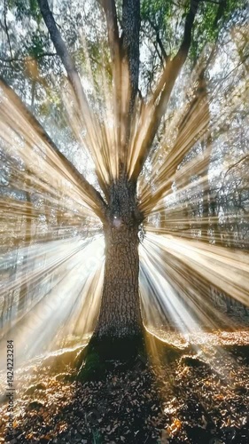 The sunlight filtering through forest trees in slow motion 