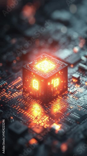 The artificial intelligence chip glowing in circuit board macro
