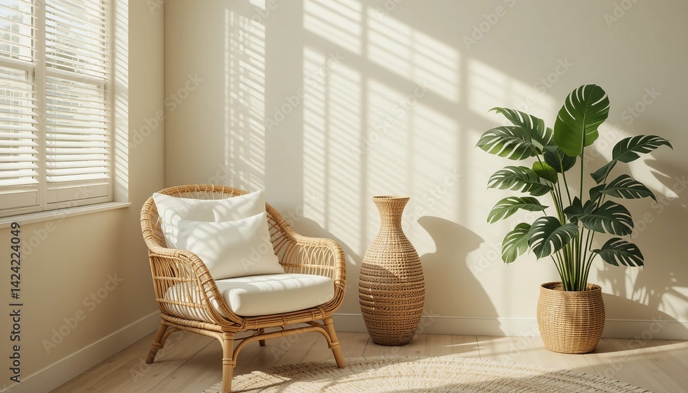 Bright sunlit corner featuring a wicker chair with white cushions, a decorative woven vase, and a potted monstera plant. Bright sunlit corner featuring a wicker chair with white cushions, a decorative woven vase, and a potted monstera plant.
