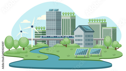 green sustainable city landscape size. urban forest, green building included architecture, green roof, solar cell, trees, windmill, skytrain, subway.	