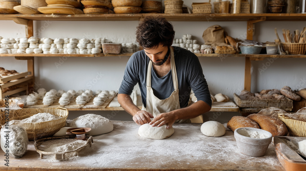 Baker working dough on rustic wooden surface, flour-dusted bakery shelves behind