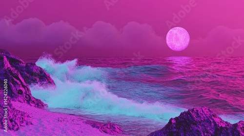 Surreal ocean scene with a full moon, waves crashing on rocks, and a pink and blue color palette. Dreamy, fantasy landscape.