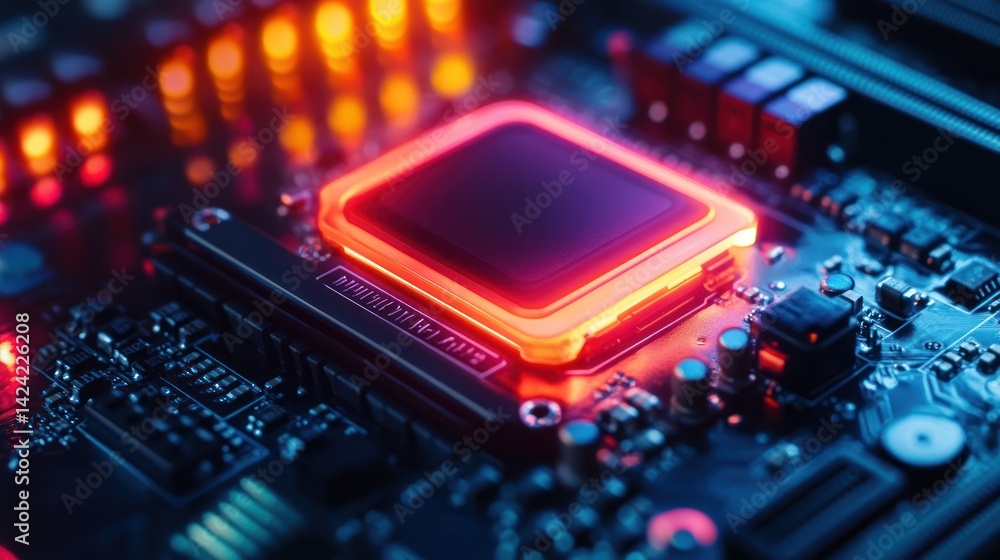 Close-up view of a computer processor with vibrant lighting. Close-up view of a computer processor with vibrant lighting.