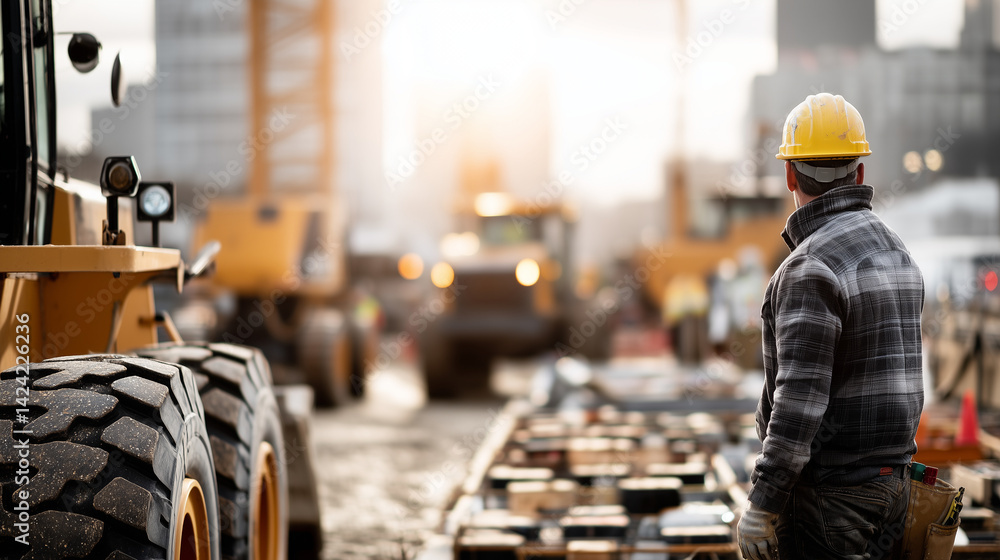 Construction worker wearing safety helmet supervising machinery working on a building site