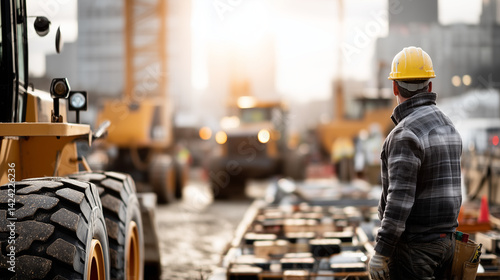 Obraz na płótnie Construction worker wearing safety helmet supervising machinery working on a building site w salonie