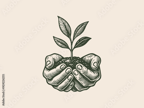 Engraving style hands holding soil with sprouting plant