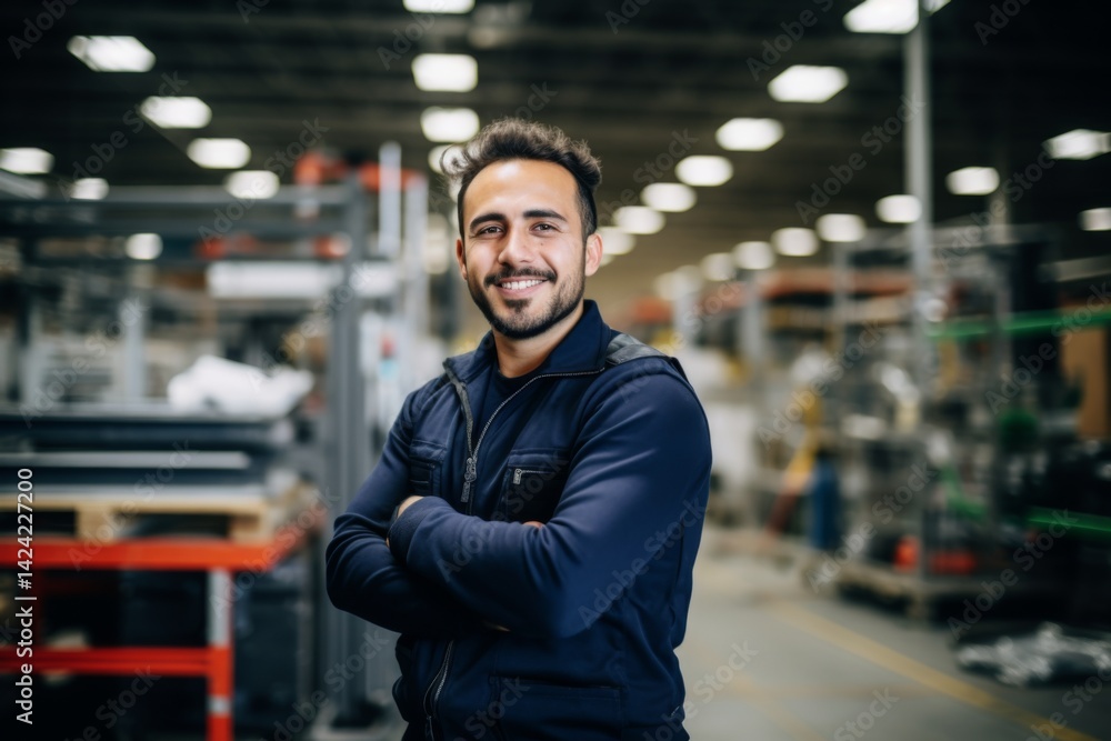 confident smiling man portrait in a factory worker confident smiling man portrait in a factory worker