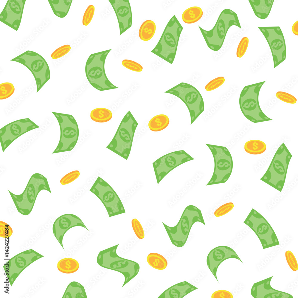 Money Background Floating Dollar Bills Coin Scatter Cash Currency Finance Vector