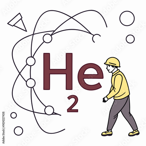 Helium Element Molecule And Worker In Outline Style Illustration Chemistry Concept