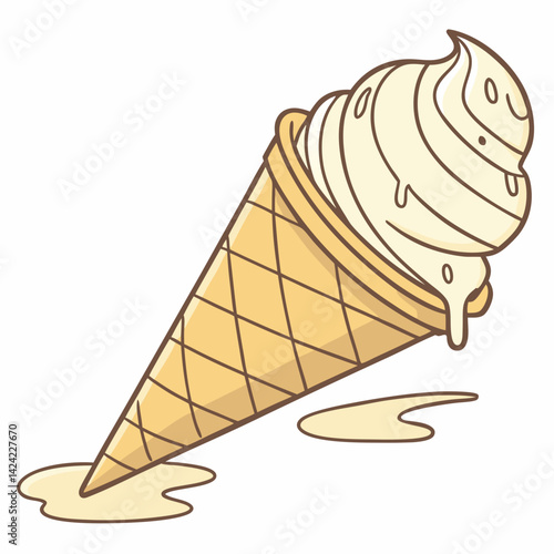 Cartoon Ice Cream Cone With Melting Vanilla Flavor Isolated On White Background
