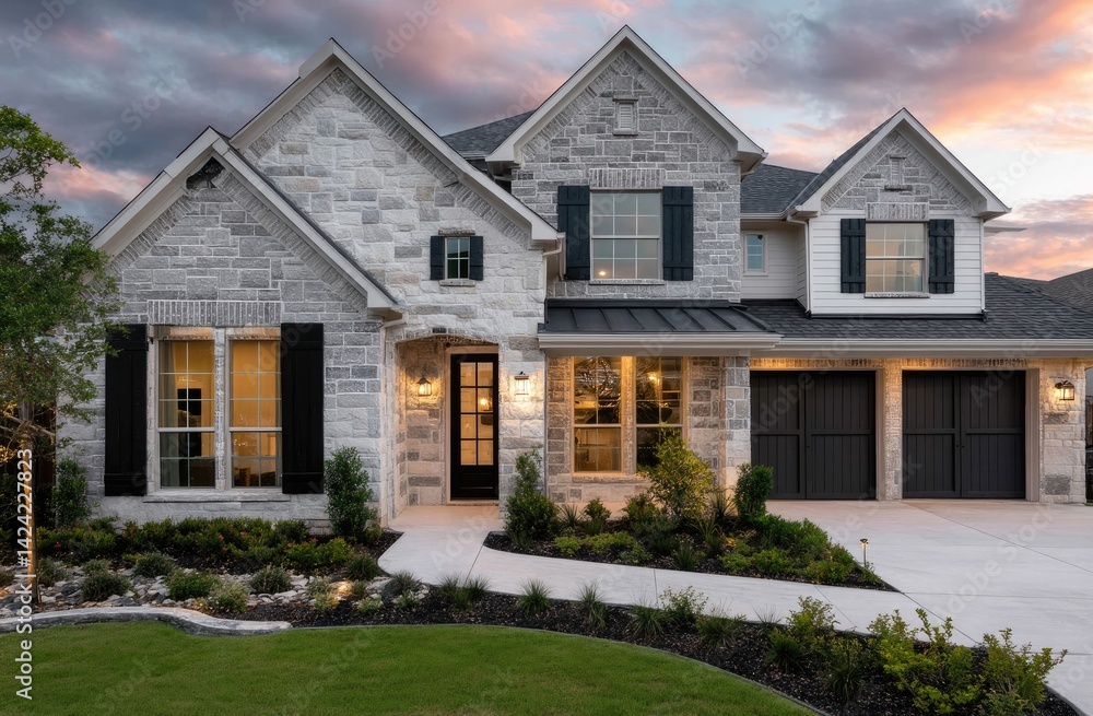 a beautiful two-story, pale gray stone and tan-colored house with a three-car garage in the suburbs a beautiful two-story, pale gray stone and tan-colored house with a three-car garage in the suburbs